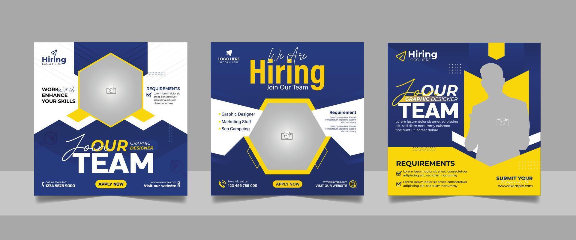 We are hiring job vacancy social media post design template set. vacant recruitment marketing web banner square flyer design. vector