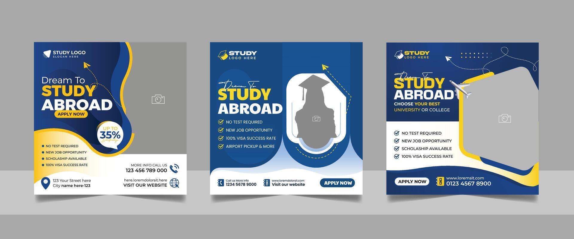 Study abroad social media post set, Higher education online square flyer school admission web banner template vector