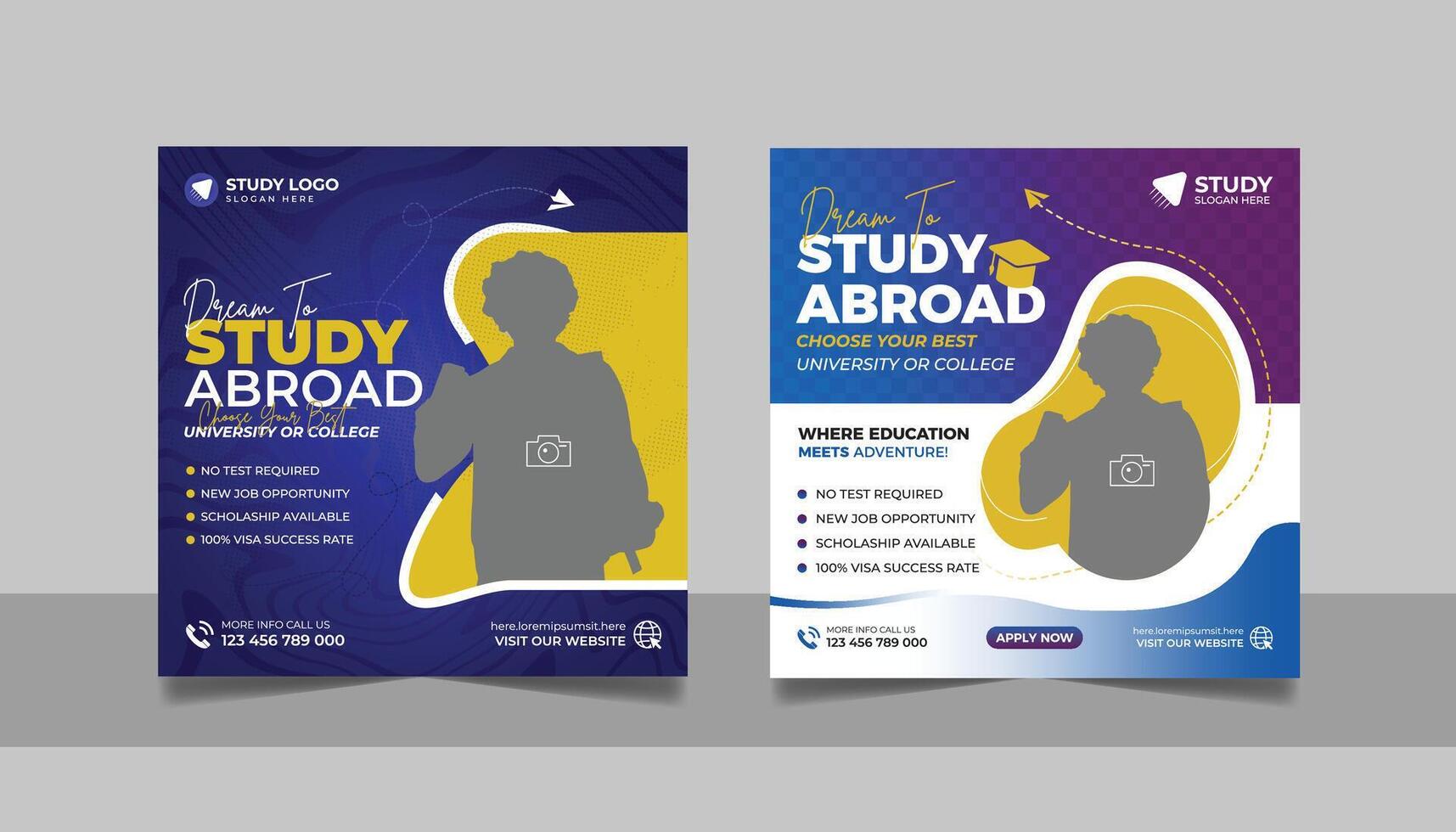 Study abroad social media post set, Higher education online square flyer school admission web banner template vector
