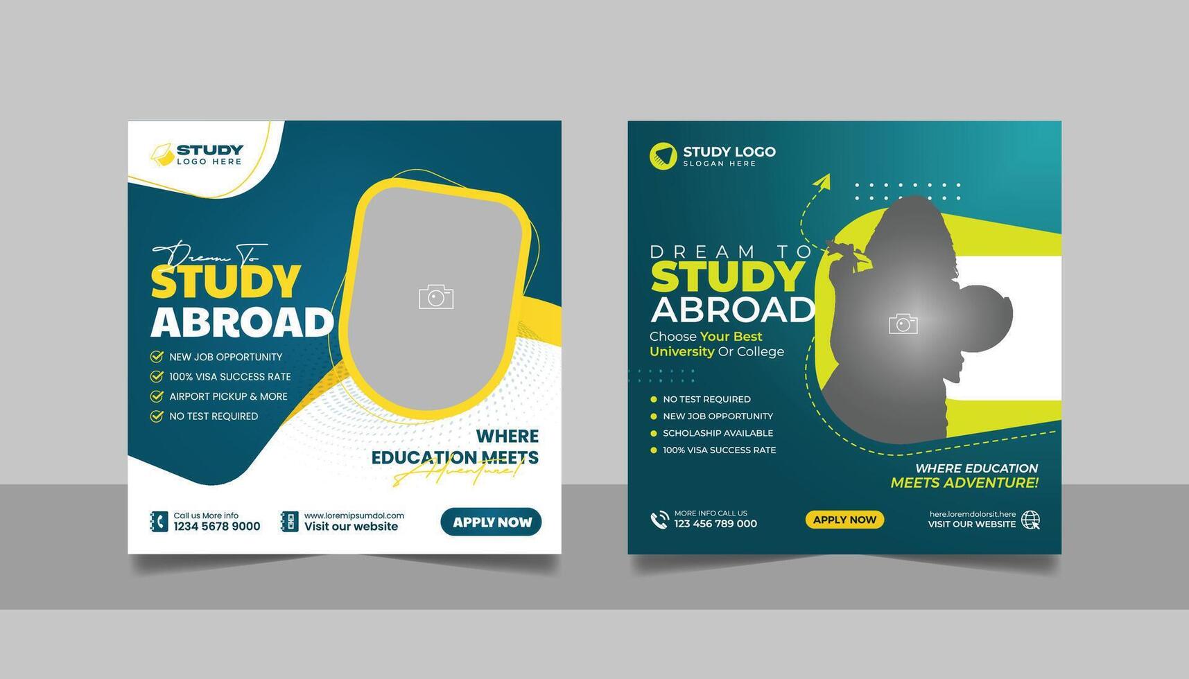 Study abroad social media post set, Higher education online square flyer school admission web banner template vector