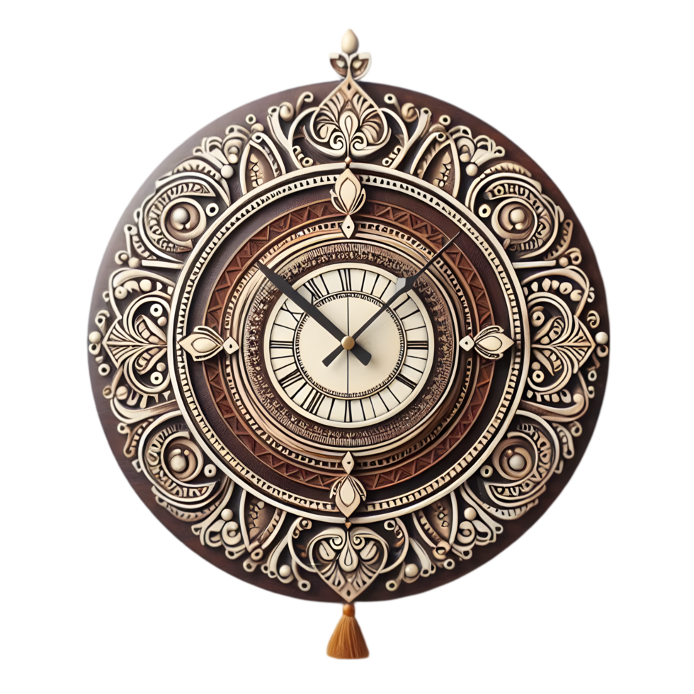 Wooden clock with ornate designs isolated from background png
