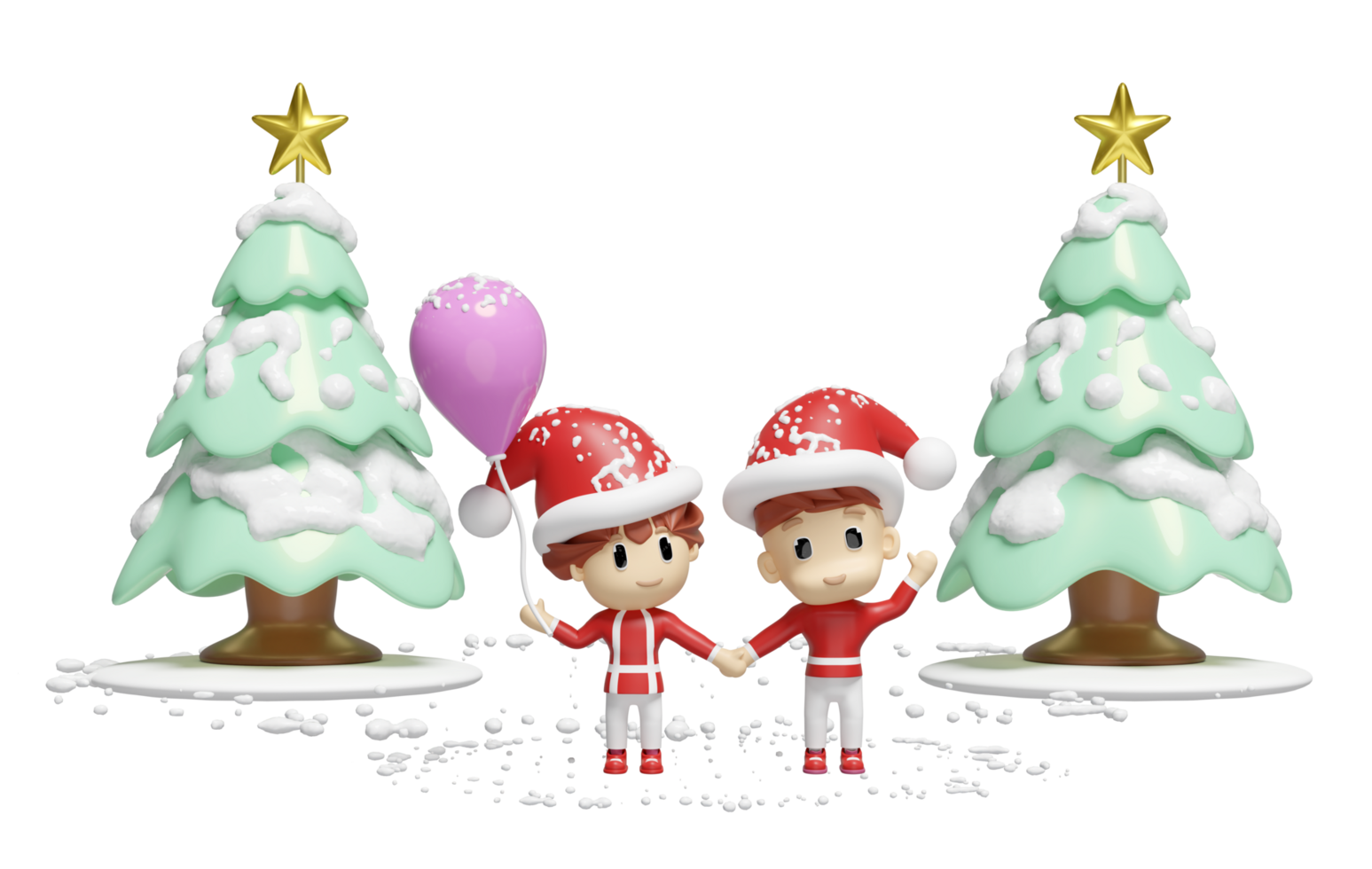 3d santa boy girl holding balloons with green christmas tree isolated. merry christmas and happy new year, 3d render illustration png