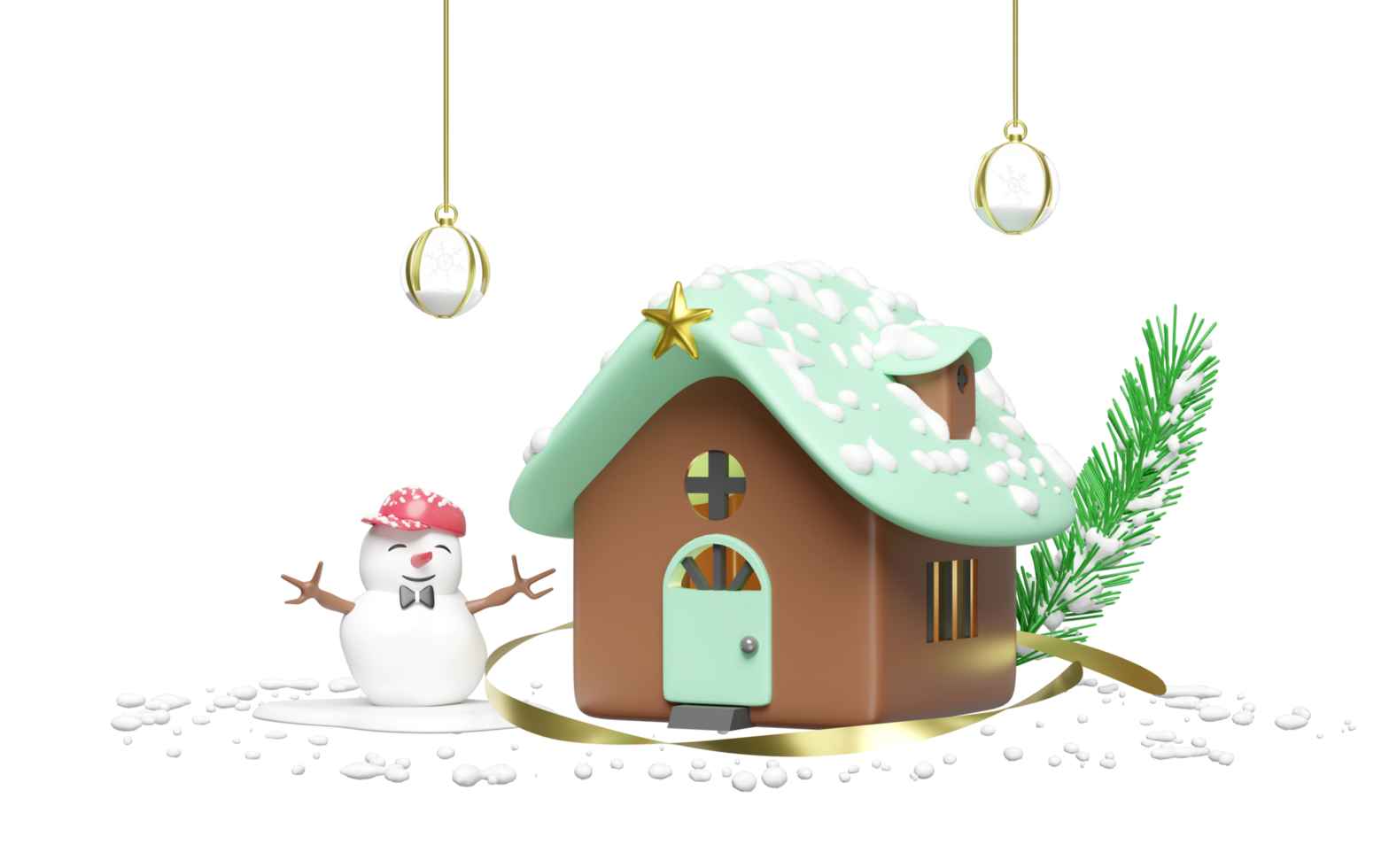 3d green house with snowman, snow globe, pine leaves, snowflake isolated. merry christmas and festive New Year concept, 3d illustration render png