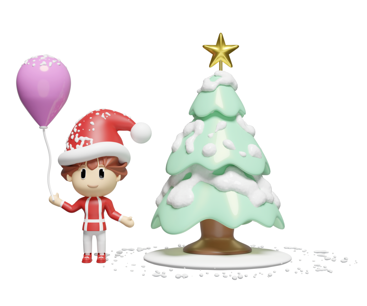 3d santa girl holding balloons with green christmas tree isolated. merry christmas and happy new year, 3d render illustration png