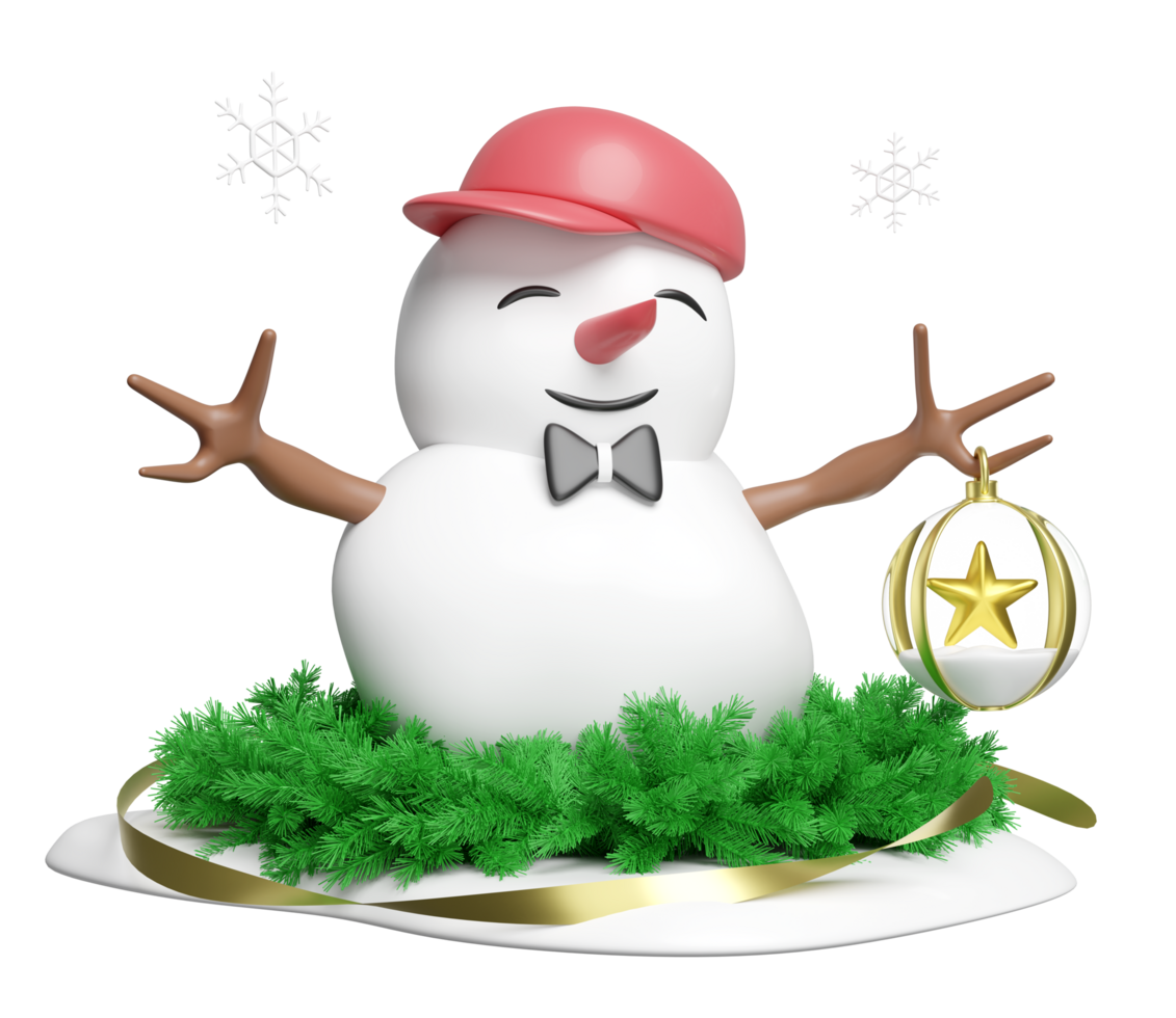 3d snowman hand holding snow globe with pine leaves, snowflake isolated. merry christmas and festive new year concept, 3d illustration render png