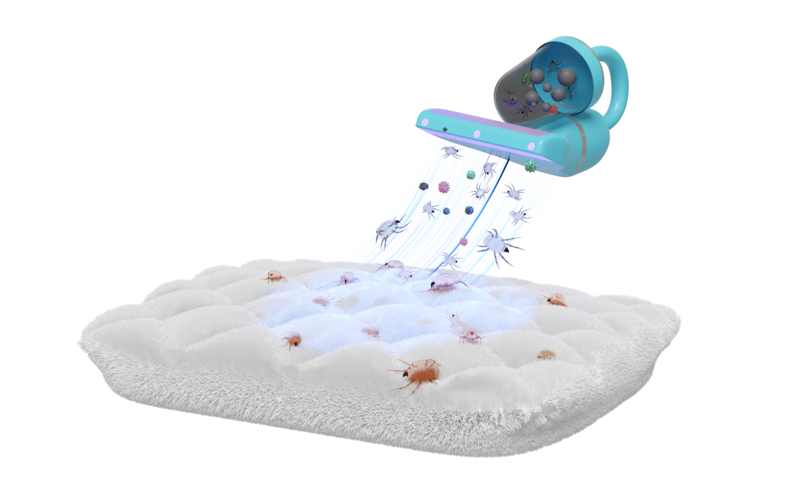 3d vacuum cleaner on pillow isolated. concept of cleaning dust mites, bacteria, germs with ultraviolet light, 3d illustration render png
