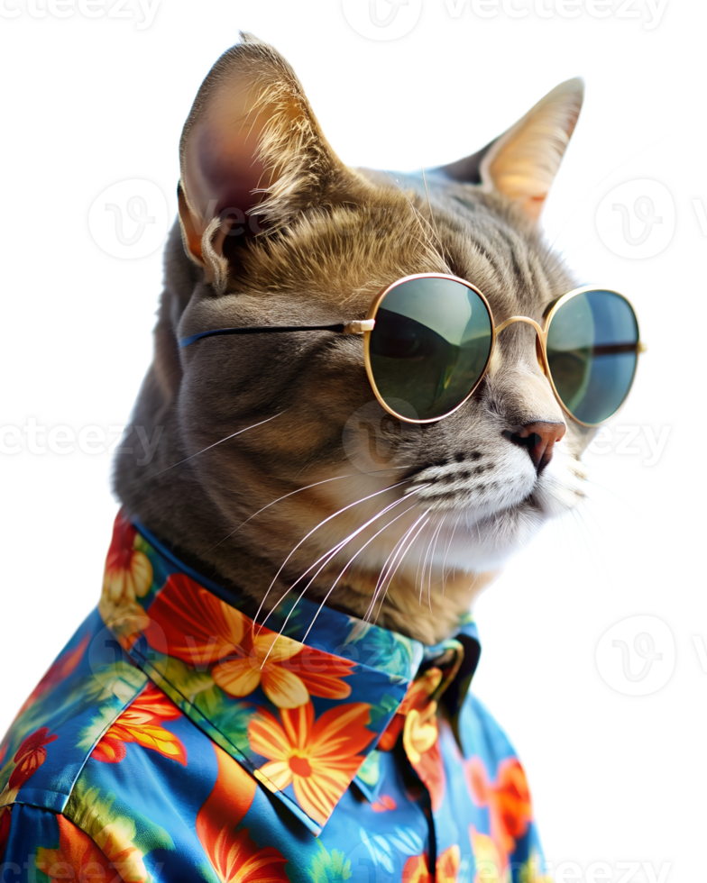 Cool cat wearing sunglasses and a Hawaiian shirt with a floral pattern cut out on a transparent background. Ideal for fun, quirky and summery designs. Cat on vacation in Las Vegas png