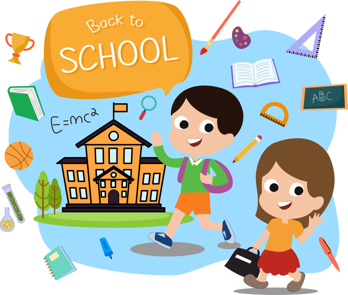 back to school background with illustration of kids go to school and school supplies illustration png