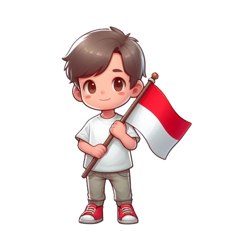 Cartoon sticker of a child carrying the Indonesian red and white flag png