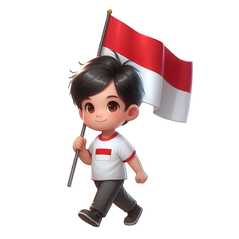 Cartoon sticker of a child carrying the Indonesian red and white flag png