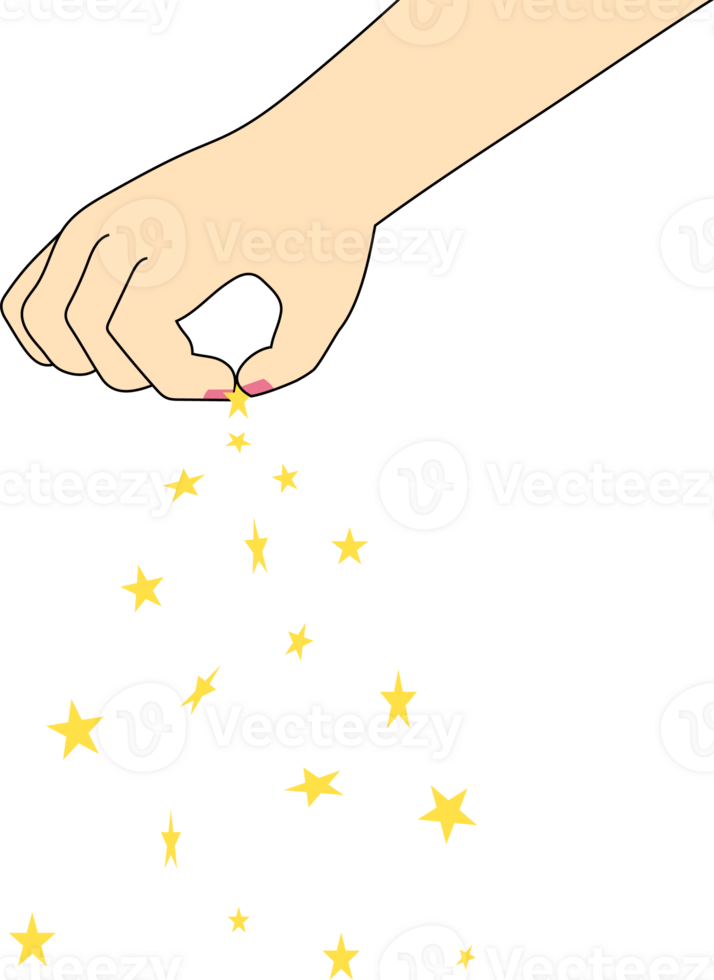 A Sprinkle of Magic transparent background. A hand releases a cascade of sparkling stars, infusing the scene with wonder and enchantment. png