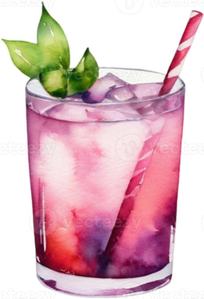 a purple drink with a straw and a green leaf png