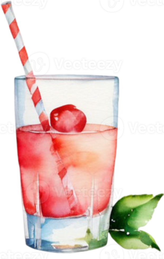 a watercolor drawing of a cocktail with a straw and cherry png