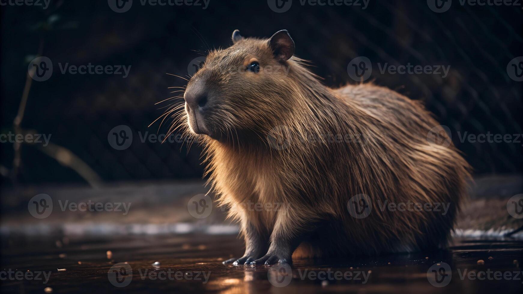 Depiction of a capybara in its natural habitat near reservoir surrounded by lush greenery and diverse flora photo