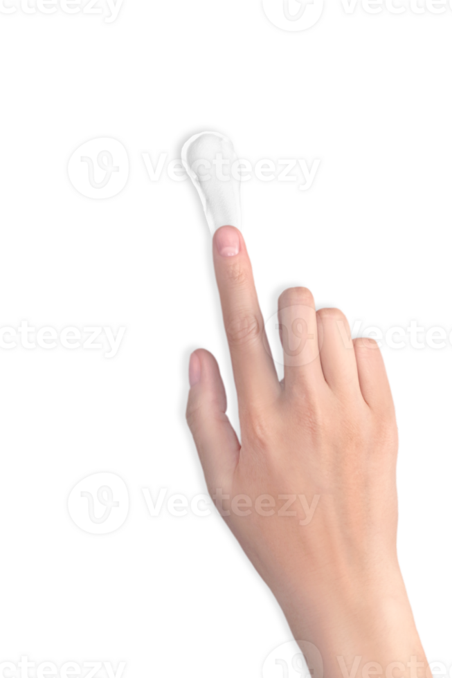 A woman's hand smears white cream. Swatch of white moisturizer. Cream texture, isolated on transparent background close up vertical png