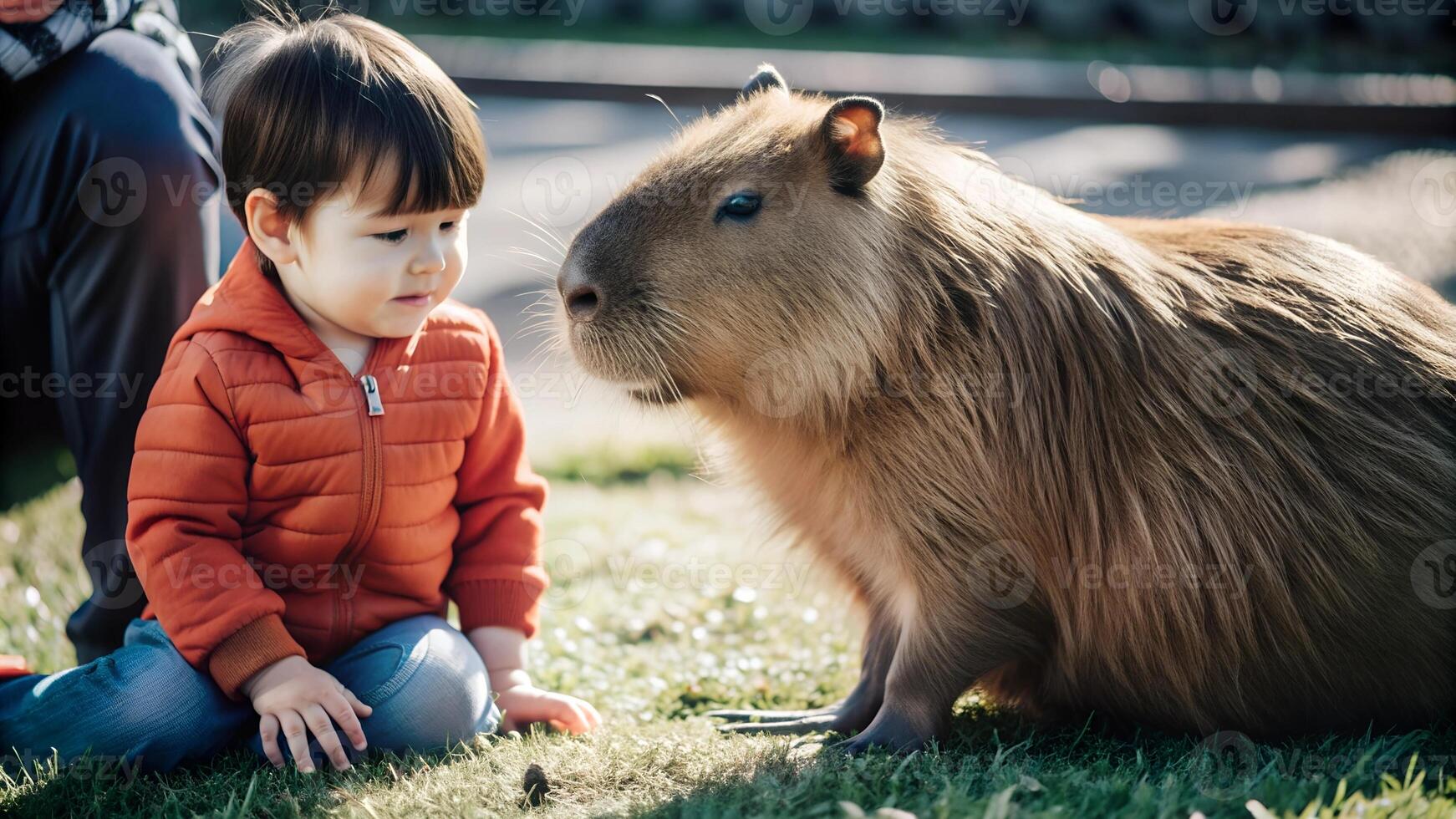 Depiction of friendly capybara lying on the green grass with child sitting beside photo