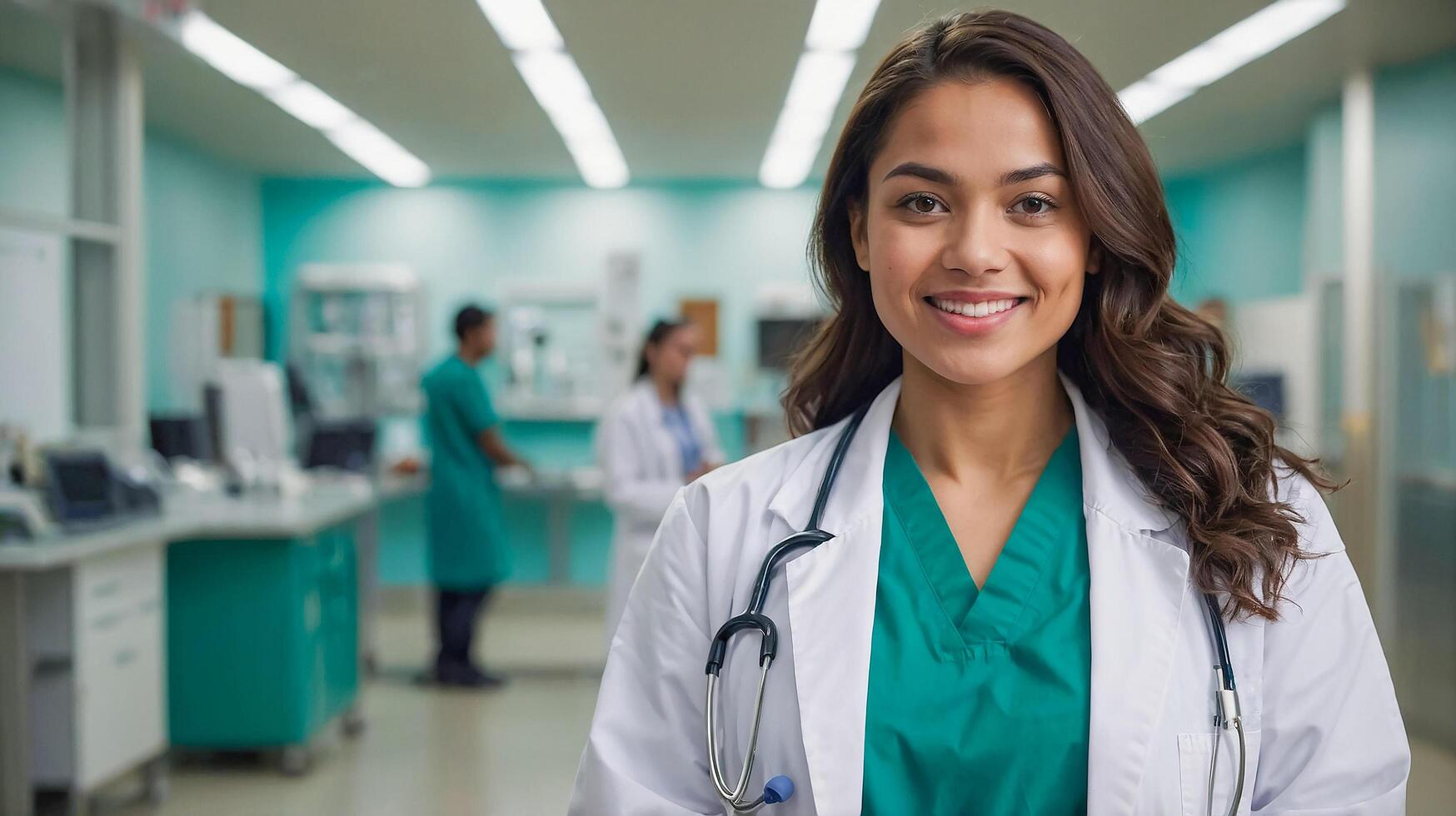 Portrait with a warm smiling woman Standing confidently with arms crossed She wore a white lab coat. With a stethoscope The background is softly blurred with bokeh light. photo