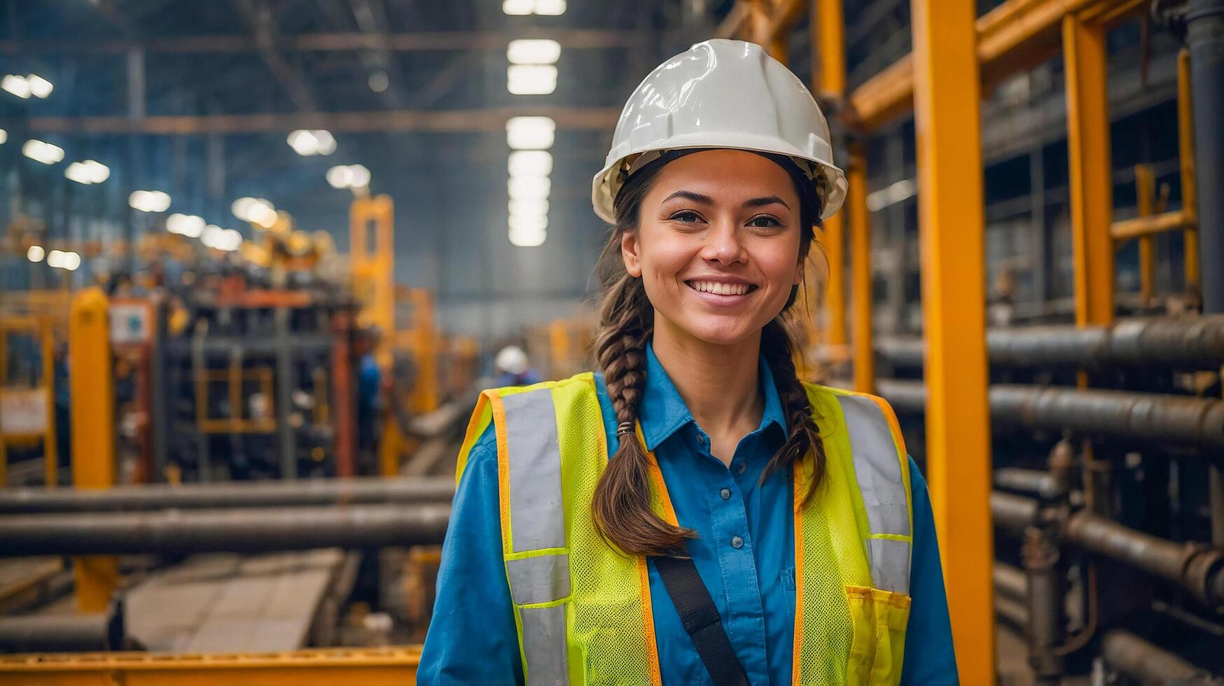 Beautiful female engineer wearing a yellow hard hat and safety vest She smiled and stood in front of many industrial pipes and complicated machines. photo