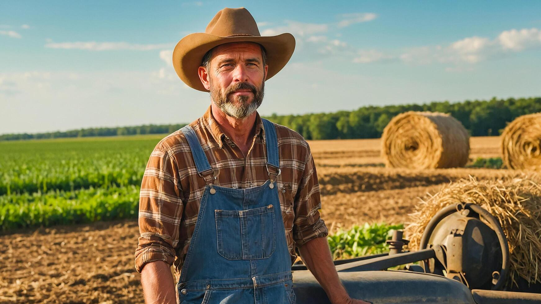 Male farmer standing in a rural field, blue sky and a pile of hay. photo