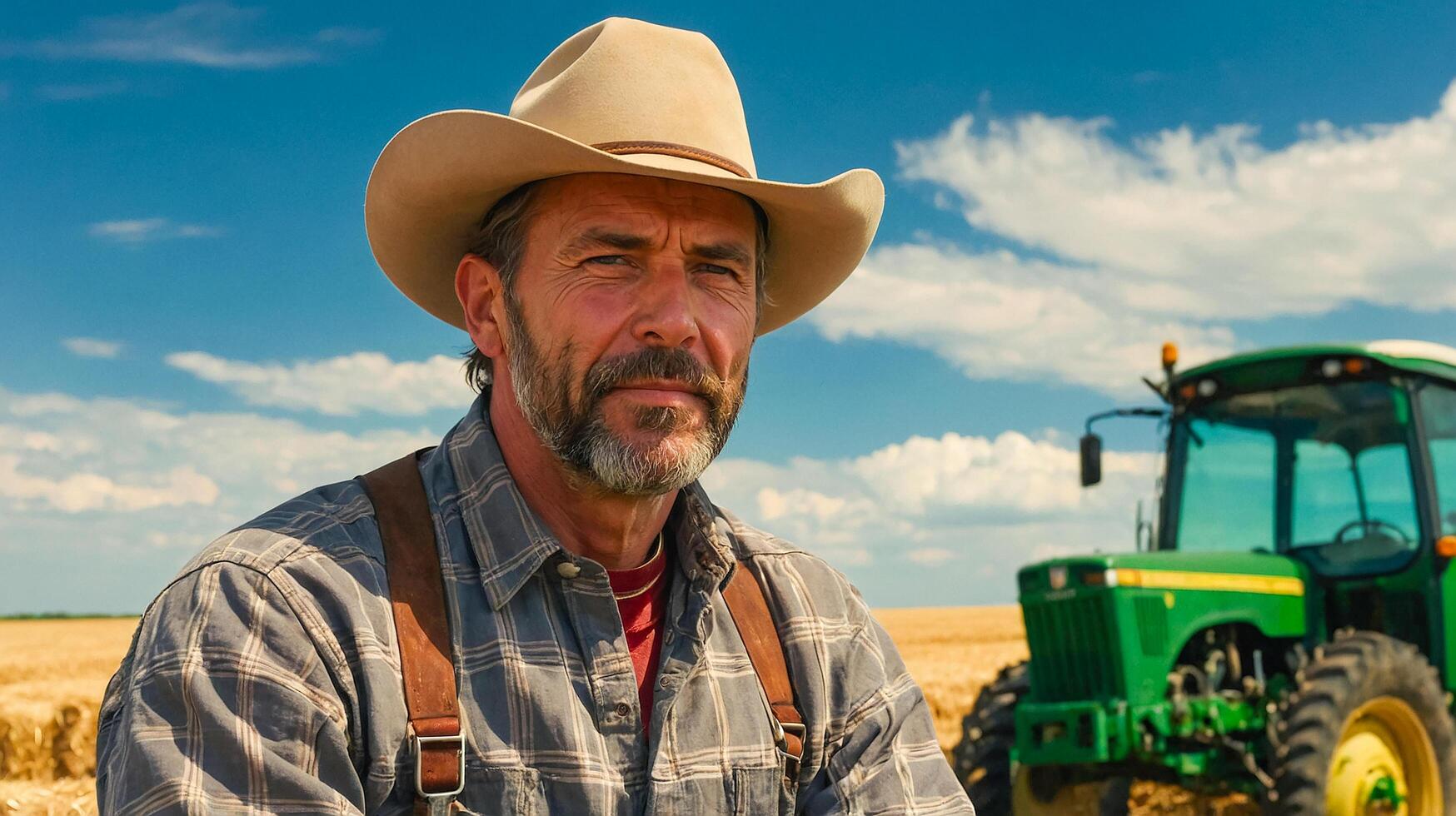 Male farmer standing in a rural field, blue sky and a pile of hay. photo