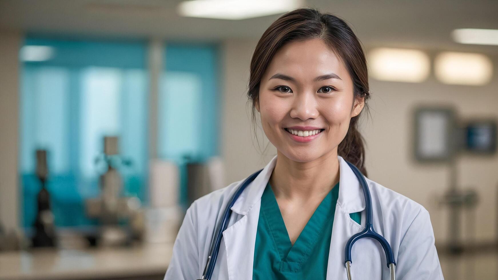 Portrait with a warm smiling woman Standing confidently with arms crossed She wore a white lab coat. With a stethoscope The background is softly blurred with bokeh light. photo
