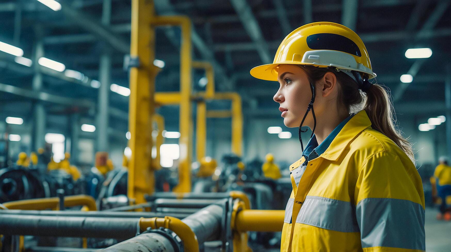 Beautiful female engineer wearing a yellow hard hat and safety vest She smiled and stood in front of many industrial pipes and complicated machines. photo