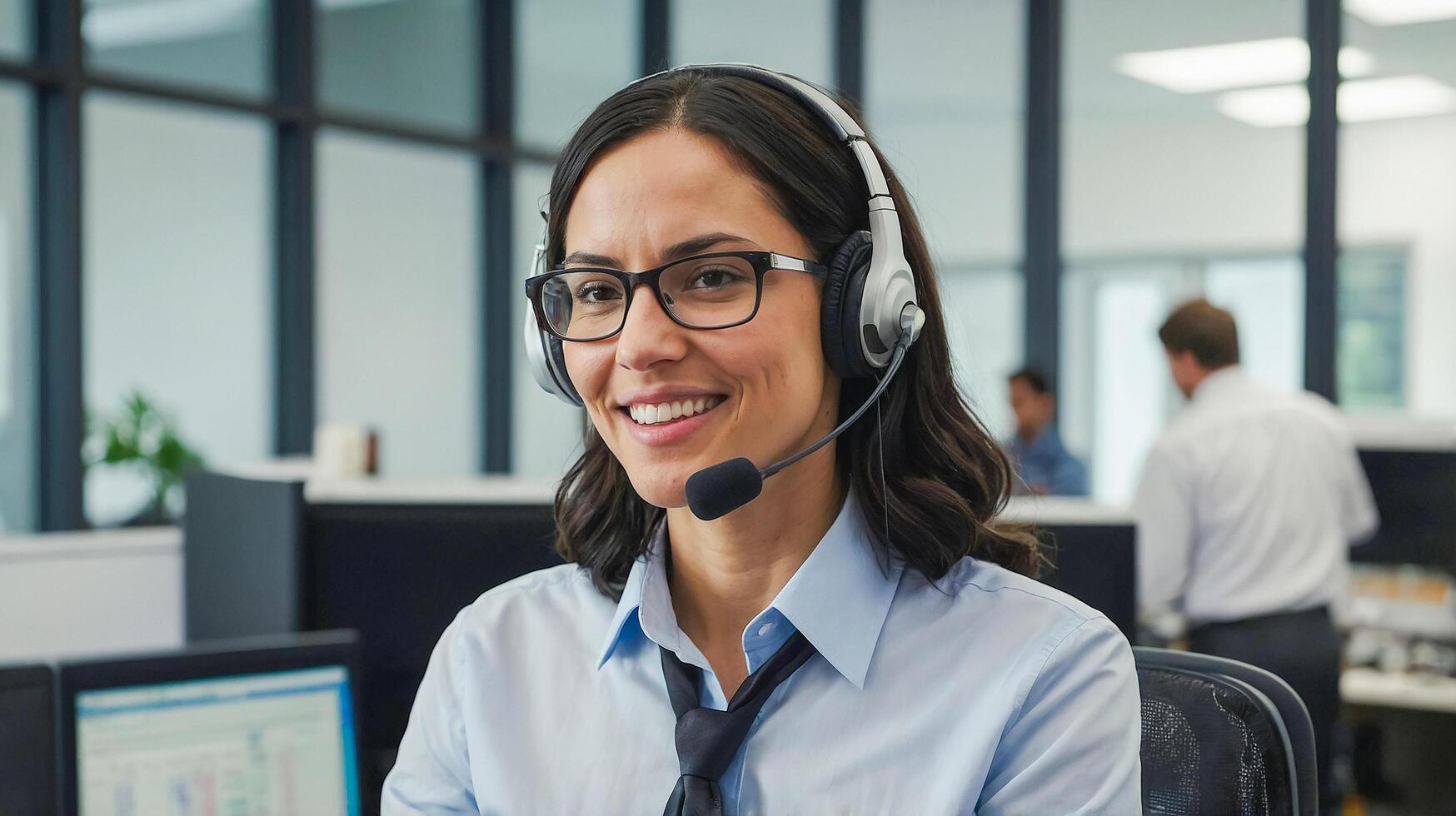 beautiful female call center employee is providing information over the phone. photo