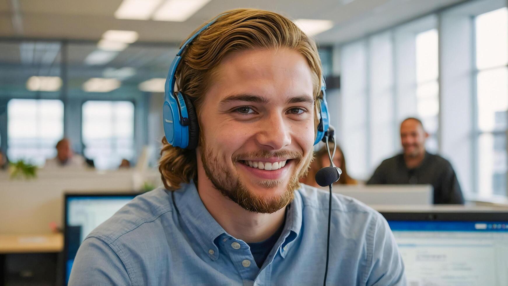handsome young call center employee is providing information over the phone. photo