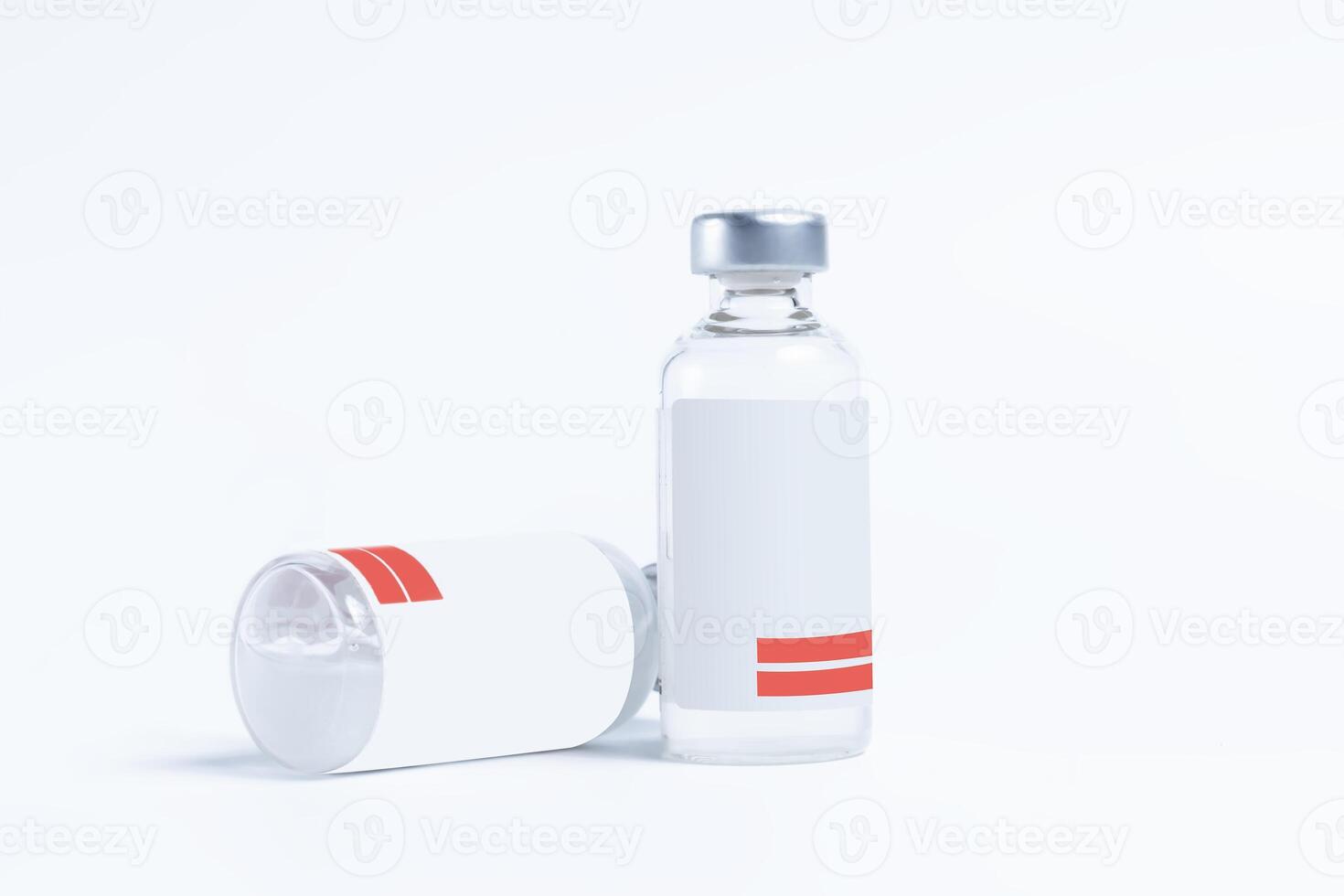 Vaccine bottle with blank label on white background. photo