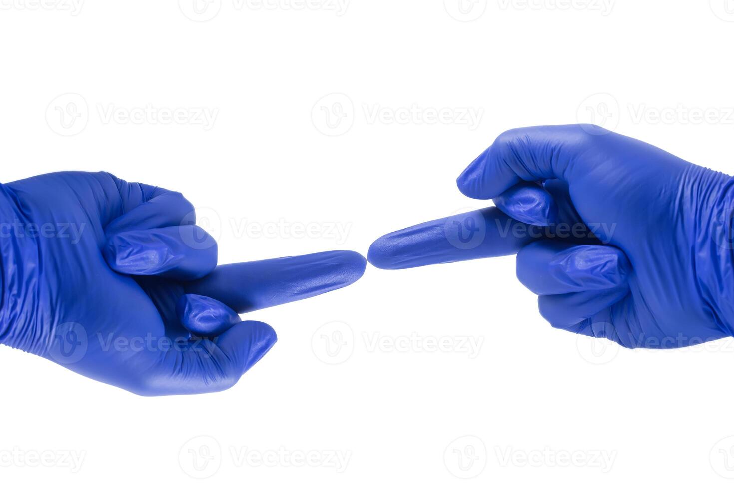 Two blue gloved hands pointing to each other with middle finger on white background. copy space photo