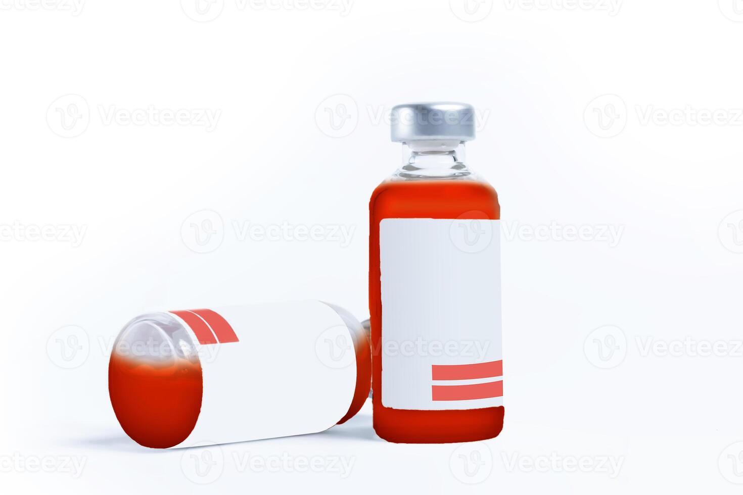 Two glass vials filled with red liquid on a white background. Closeup photo