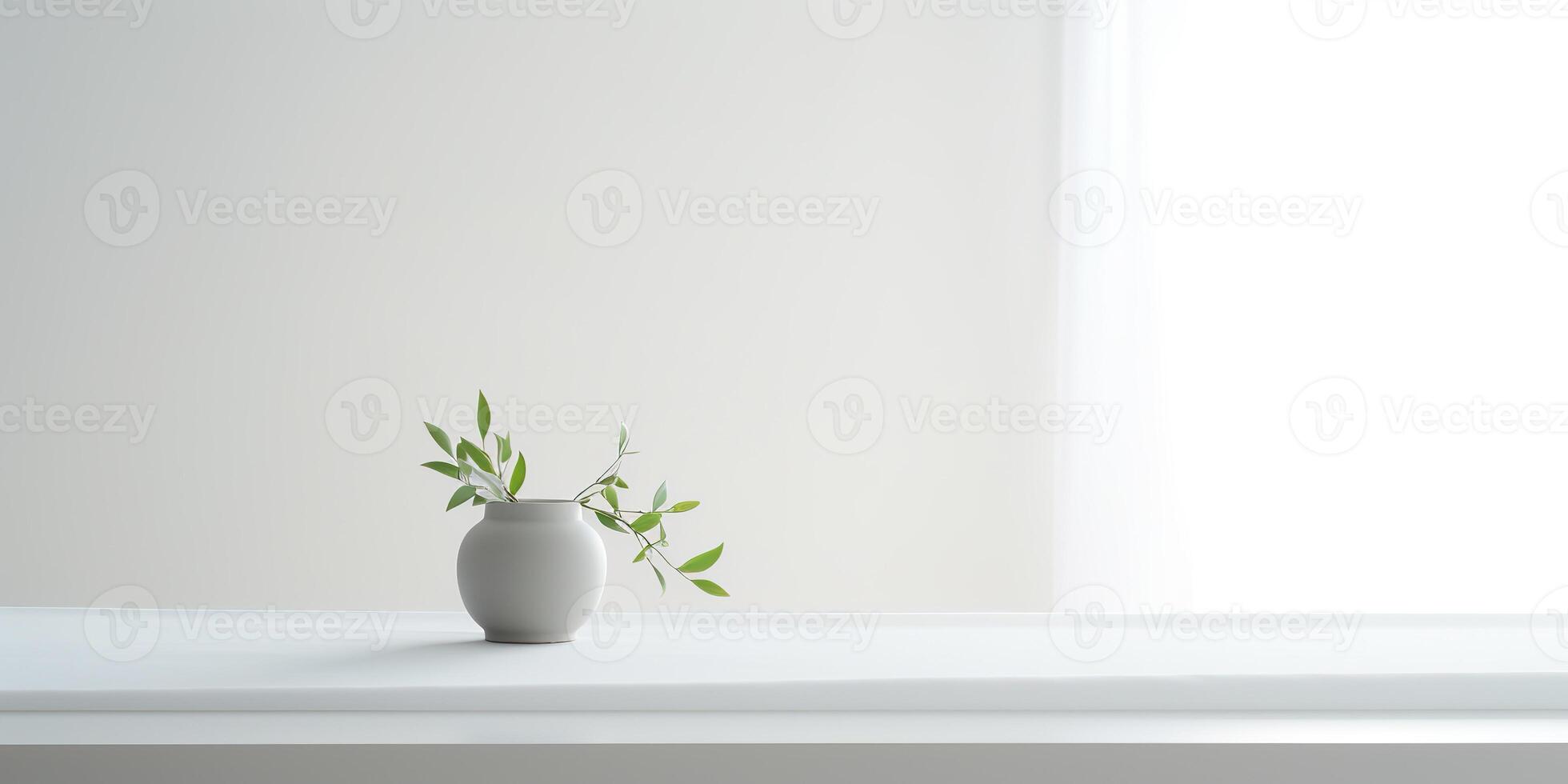 White kitchen table with plant in vase. Decoration minimal mock up scene background photo
