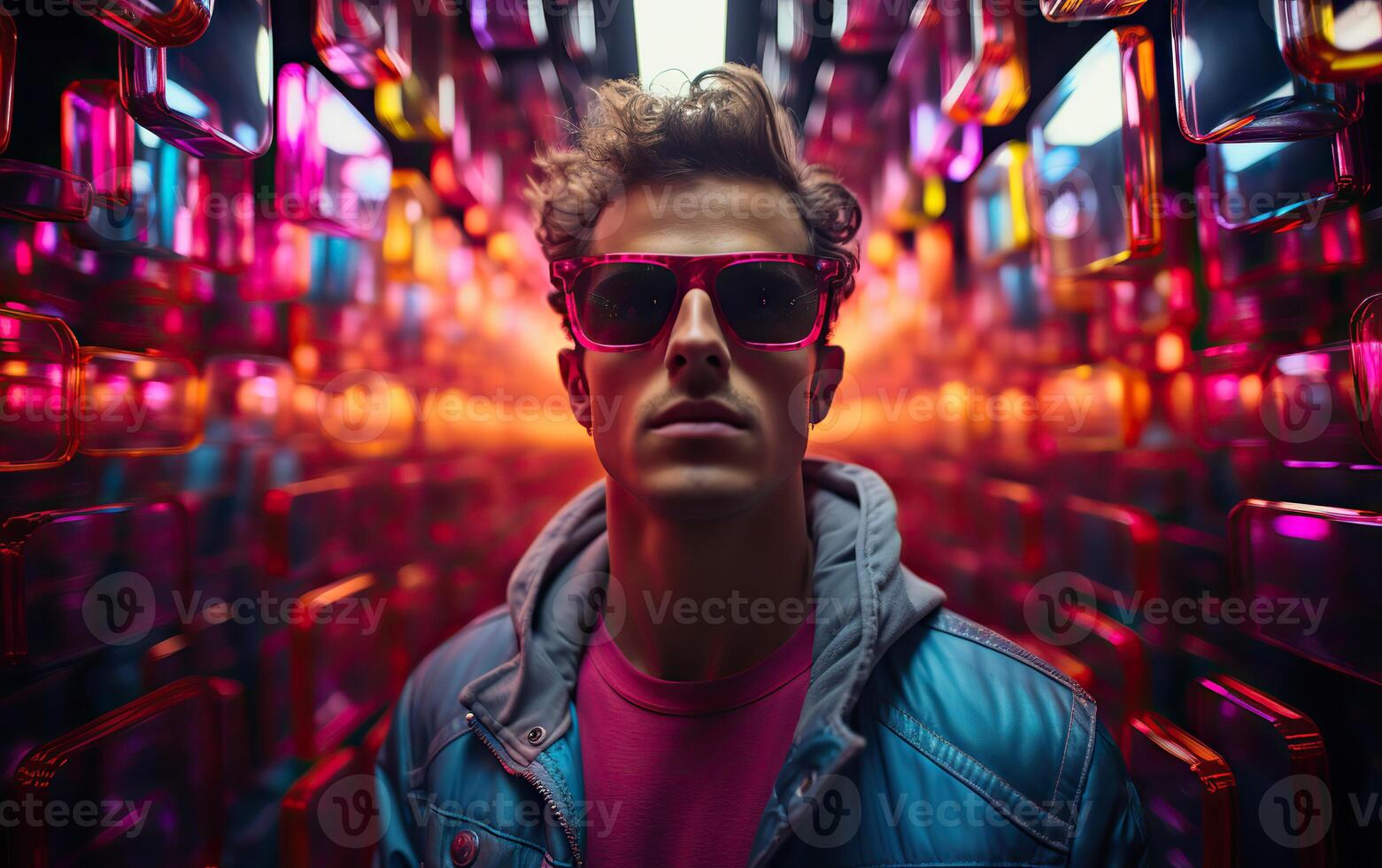 Handsome man in colorful sunglasses with smile attractive portrait in neon tunnel background scene photo
