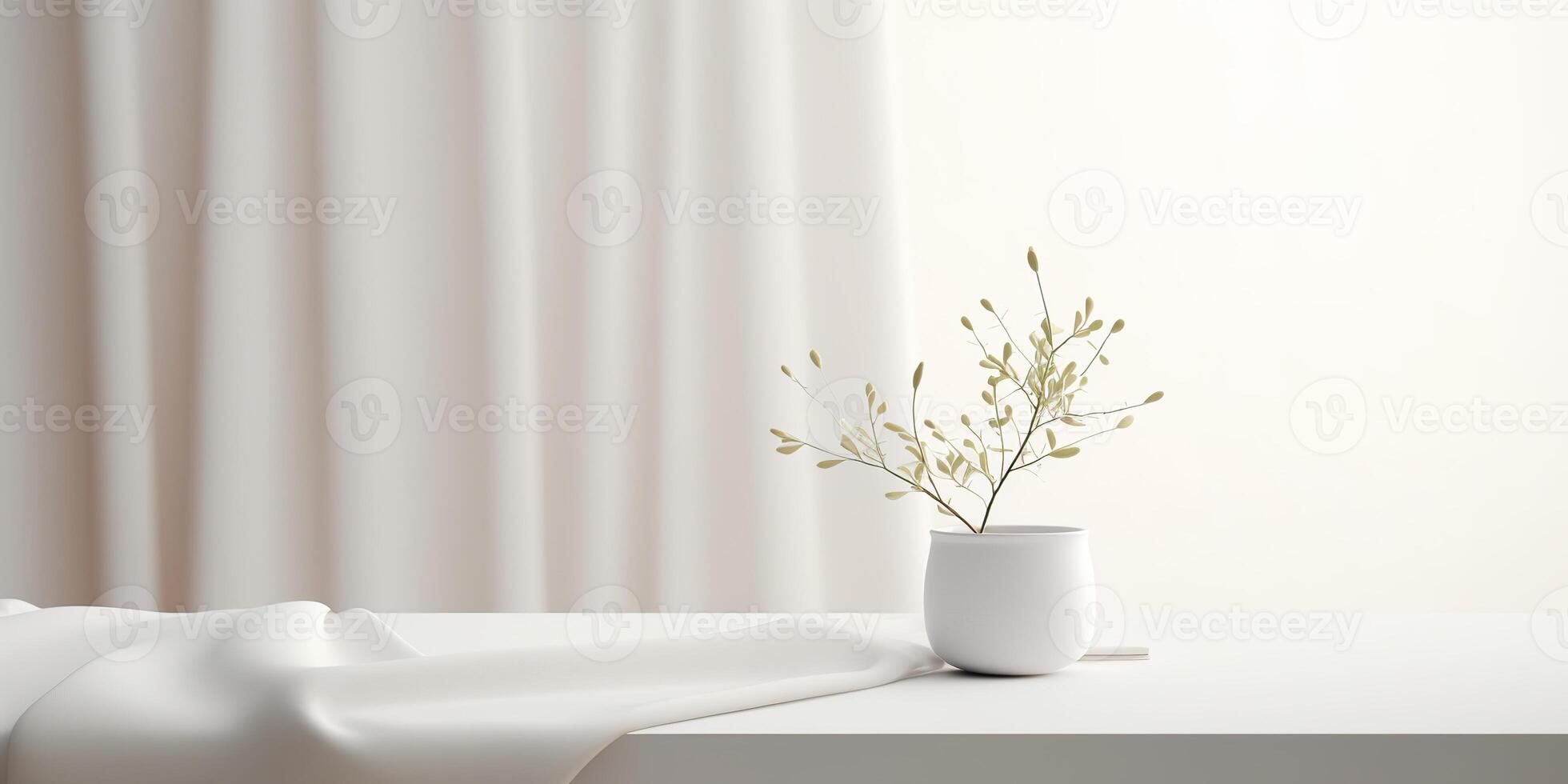 White kitchen table with plant in vase. Decoration minimal mock up scene background photo