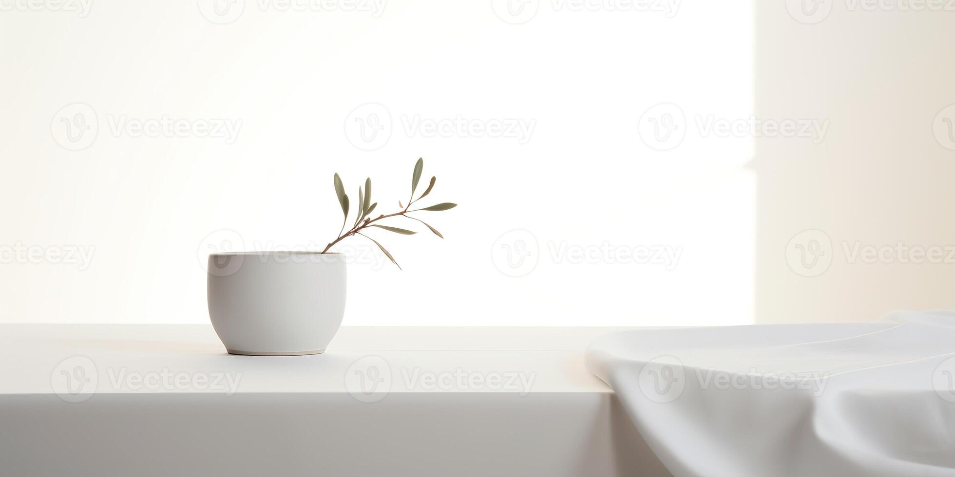 White kitchen table with plant in vase. Decoration minimal mock up scene background photo