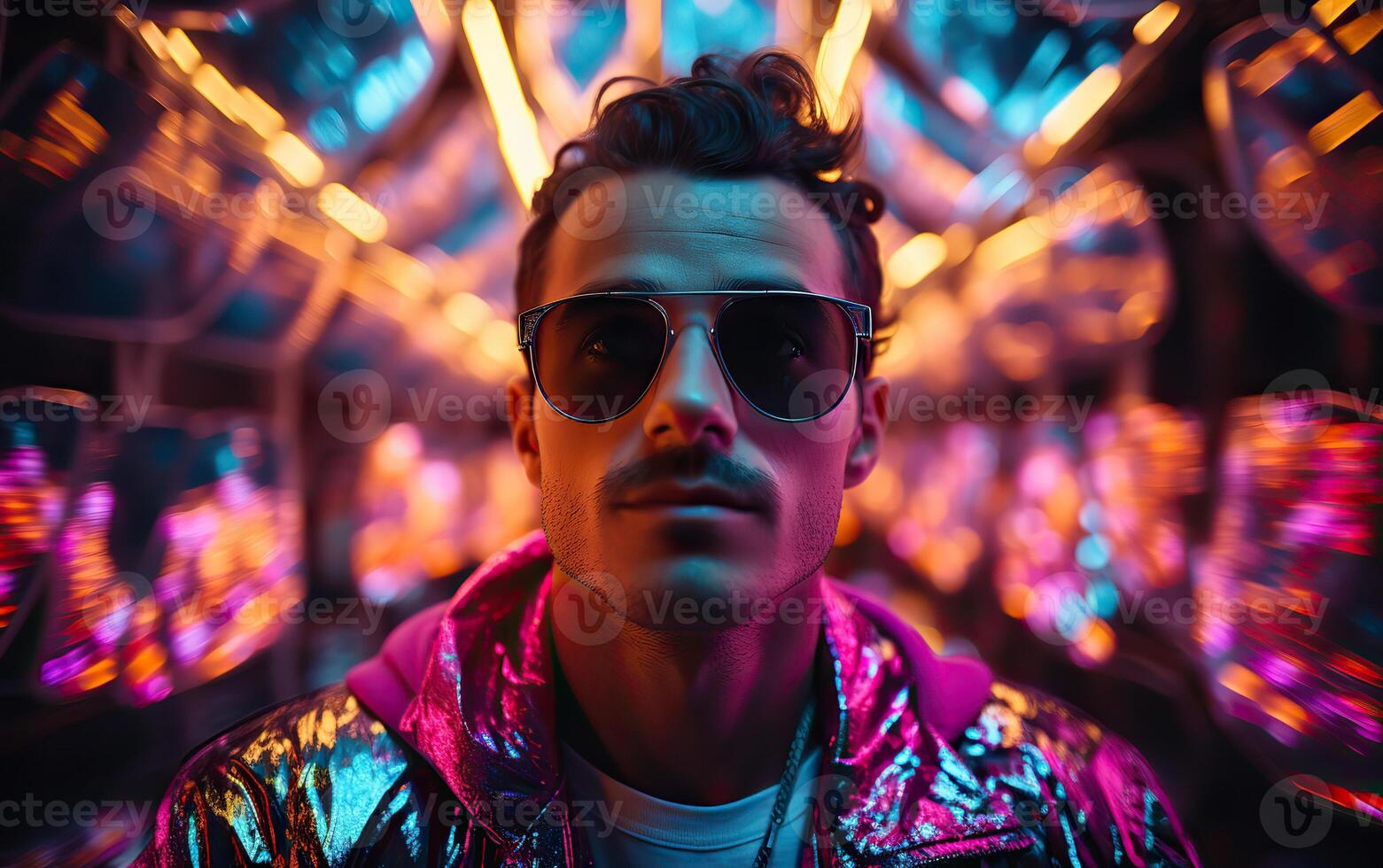 Handsome man in colorful sunglasses with smile attractive portrait in neon tunnel background scene photo