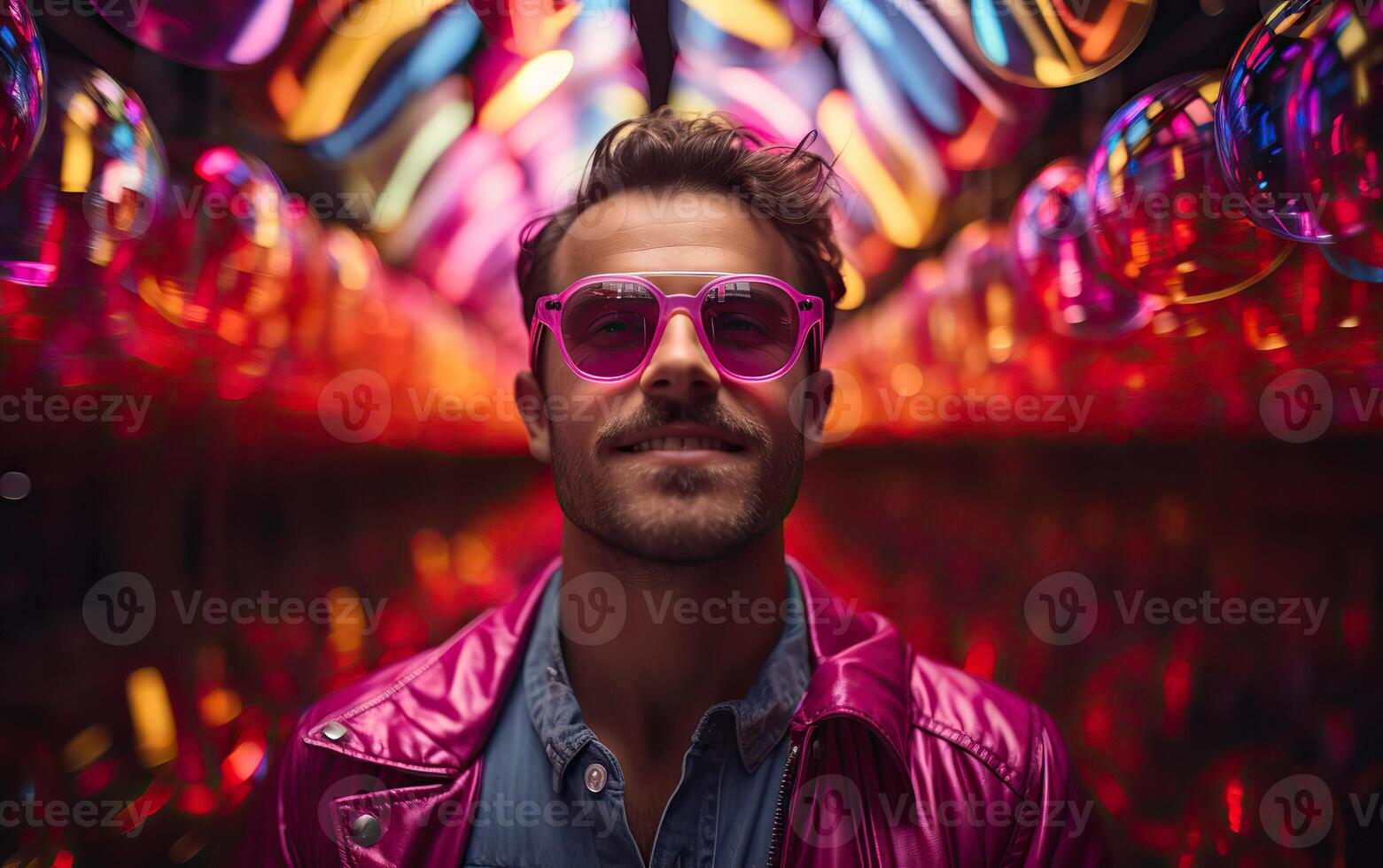 Handsome man in colorful sunglasses with smile attractive portrait in neon tunnel background scene photo