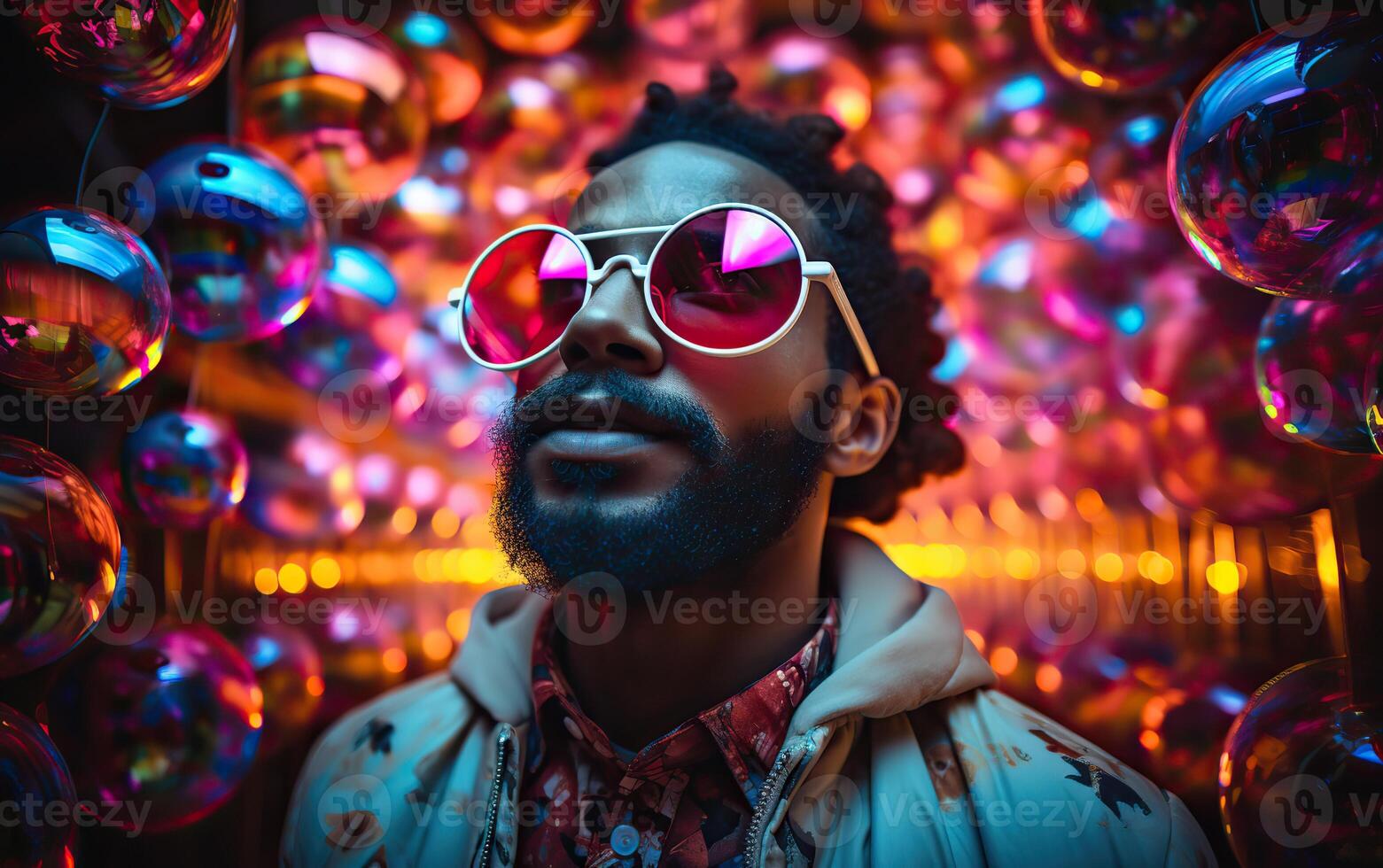 Handsome man in colorful sunglasses with smile attractive portrait in neon tunnel background scene photo