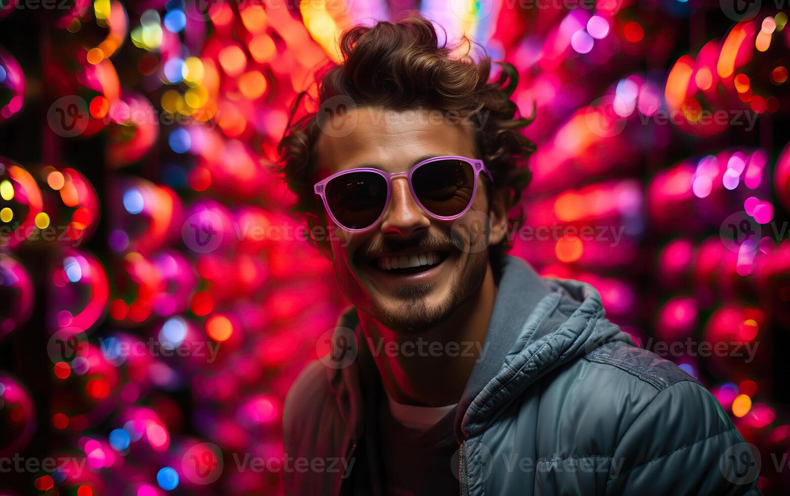 Handsome man in colorful sunglasses with smile attractive portrait in neon tunnel background scene photo