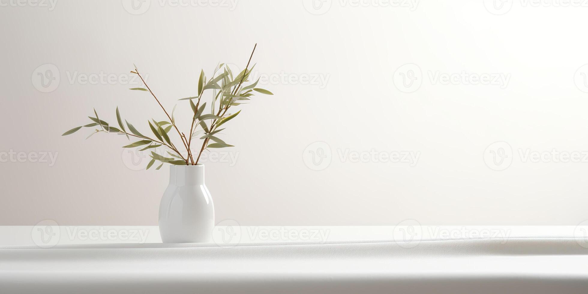 White kitchen table with plant in vase. Decoration minimal mock up scene background photo