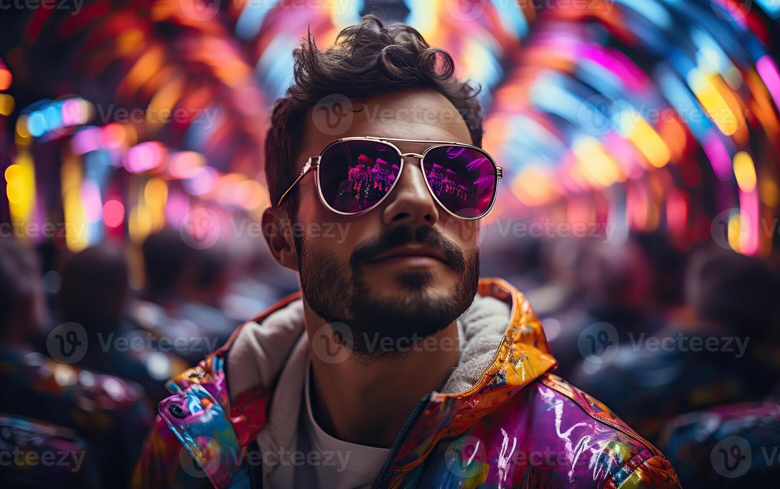 Handsome man in colorful sunglasses with smile attractive portrait in neon tunnel background scene photo