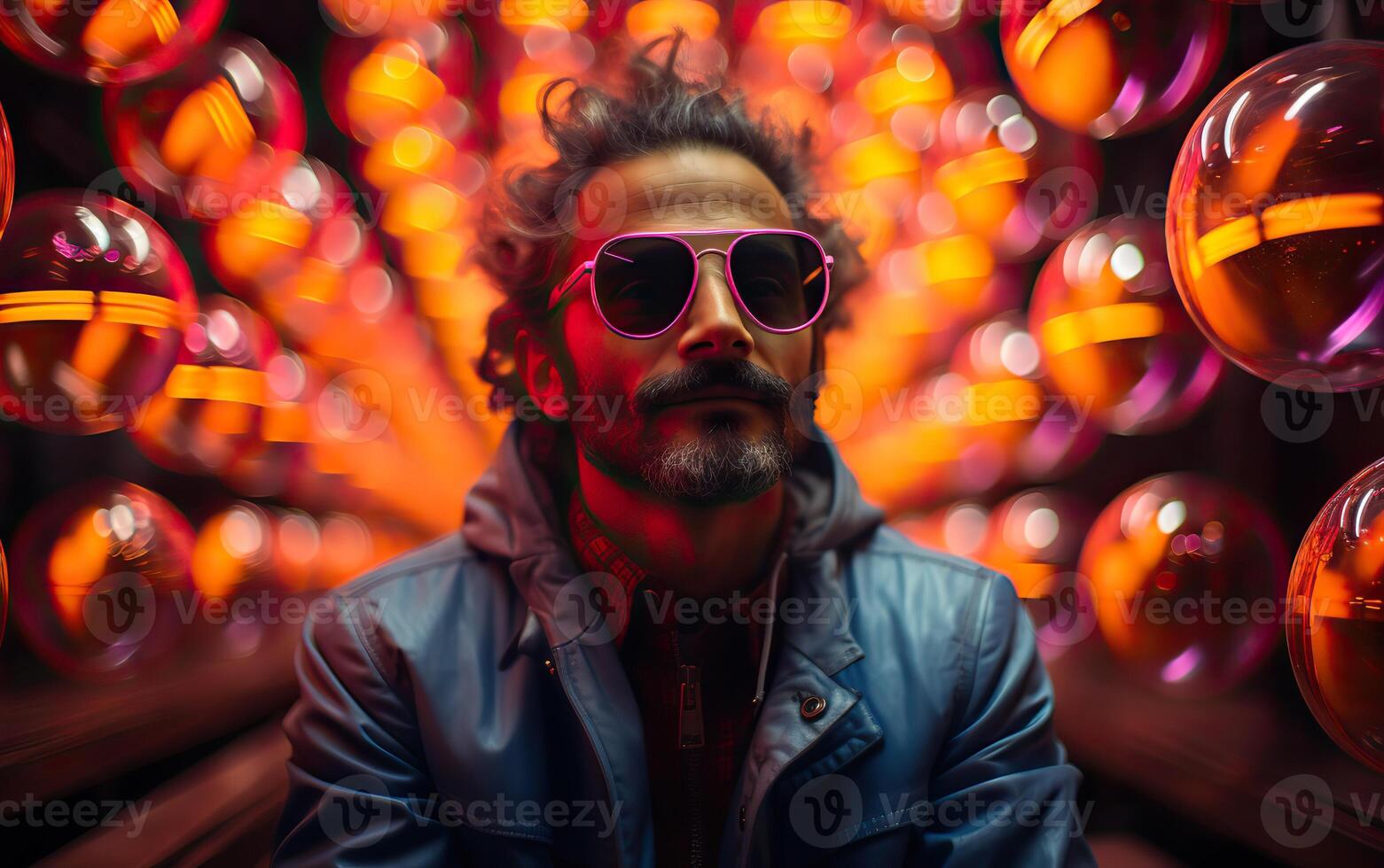 Handsome man in colorful sunglasses with smile attractive portrait in neon tunnel background scene photo