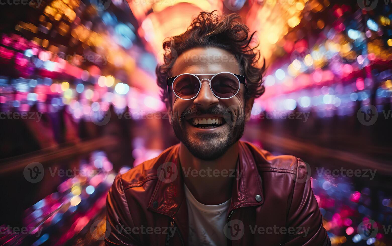 Handsome man in colorful sunglasses with smile attractive portrait in neon tunnel background scene photo