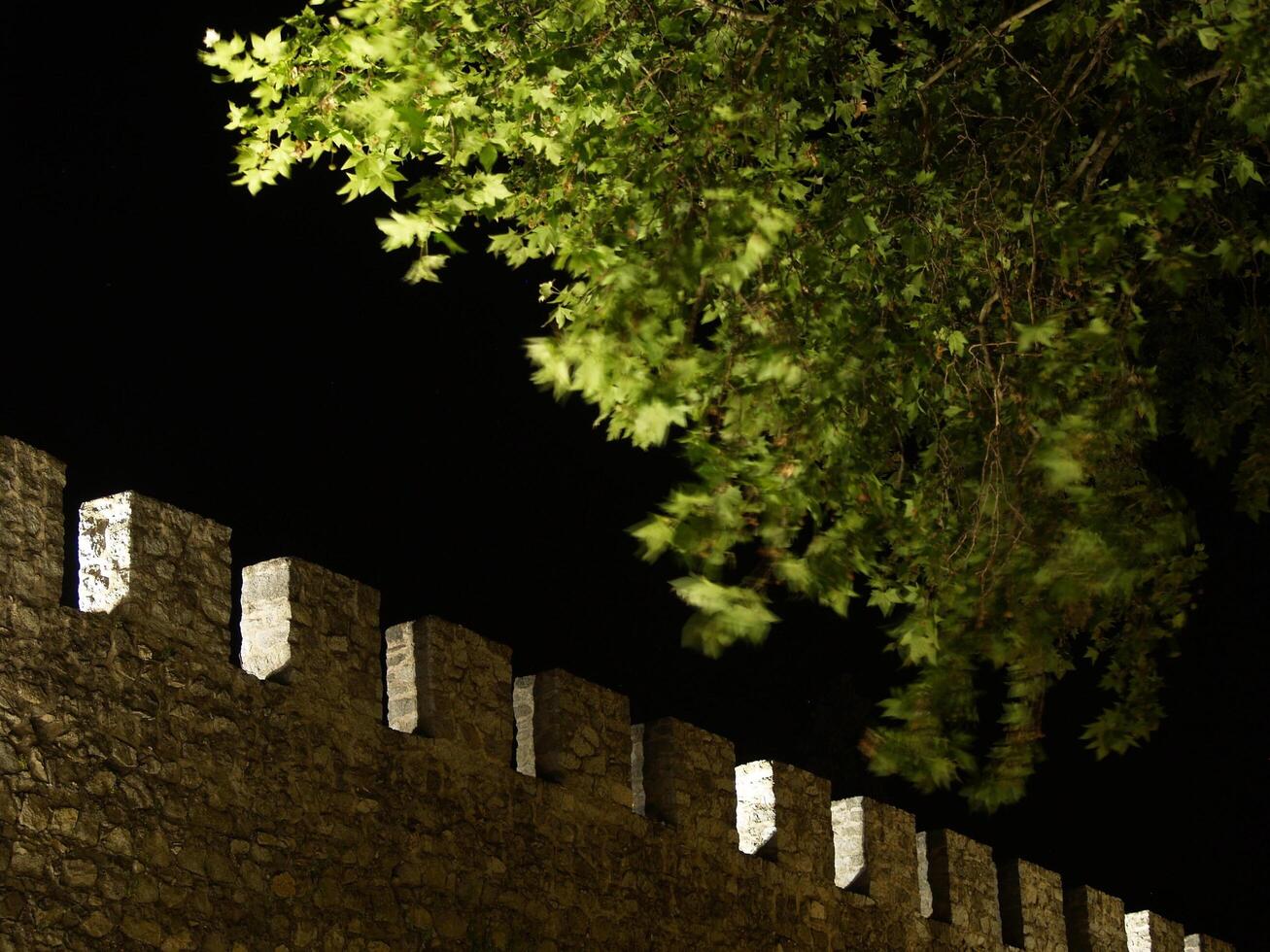 A stunning night view of Evora's ancient wall, beautifully illuminated, with surrounding trees and shrubs adding to the historic charm. Perfect for capturing the essence of Portugals heritage. photo