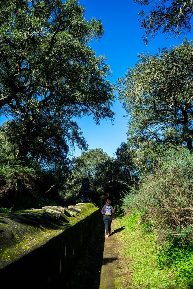 A woman hiking along the historic Aqueduto da Agua de Prata in Evora, Portugal, with lush greenery and ancient stone arches in the background. Perfect blend of nature and history. photo