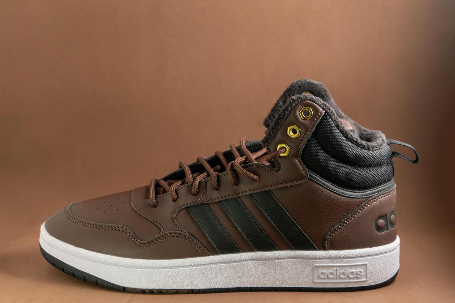 Evora, Portugal. March 3, 2024. Adidas brown boots on a matching brown background, highlighting sleek design and rugged texture. Perfect for outdoor adventures and style. photo