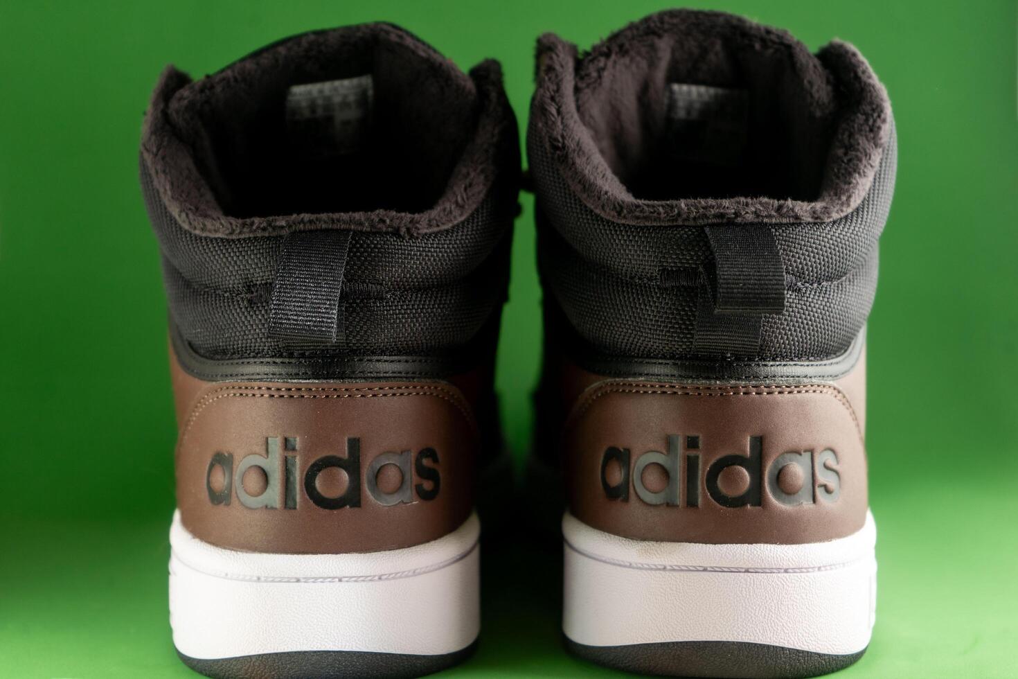 Evora, Portugal. March 3, 2024. Adidas brown boots on a green background, highlighting rugged outdoor style with premium quality and comfort, perfect for adventurous spirits. photo