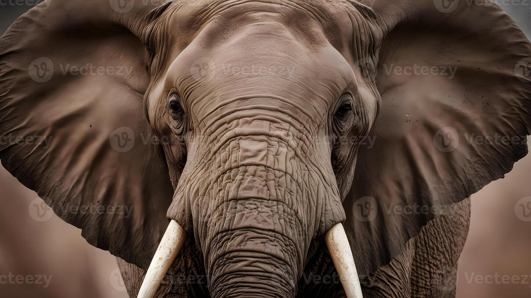 Close up view of an elephant showing its eyes and teeth photo