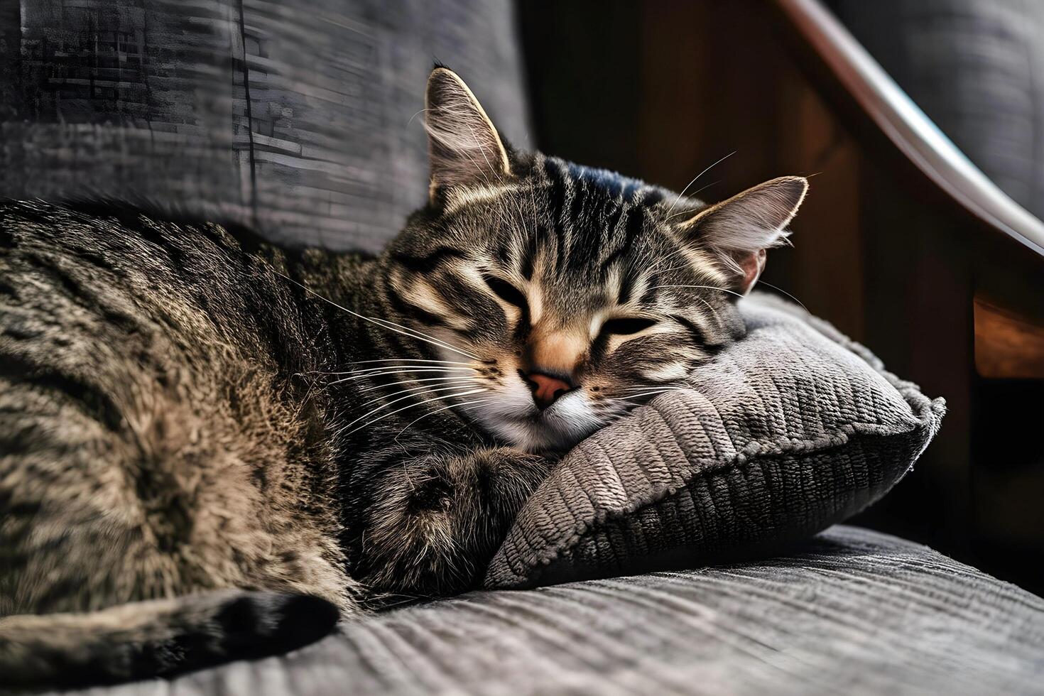 A cute cat is resting and sleeping in couch photo