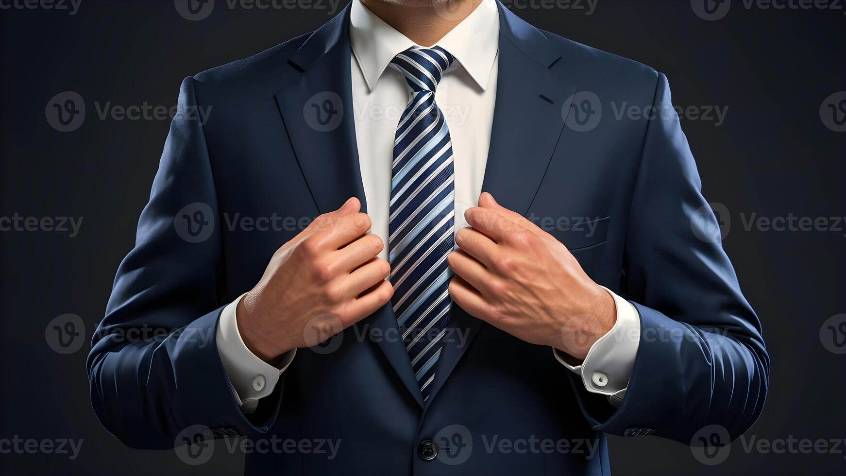 A businessman is wearing dark blue suit and tie photo